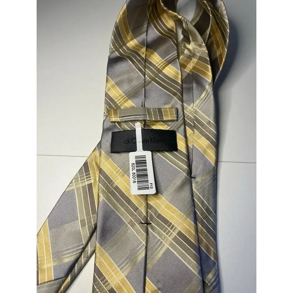 Calvin Klein Men's 100% Silk Tie EXTRA LONG Yellow Gold Gray NEW MSRP: $62.50